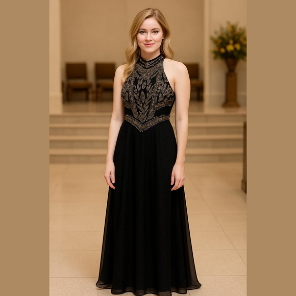 Vintage Dresses & Skirts - Vintage Black and Gold Beaded Long Formal Dress by Scala